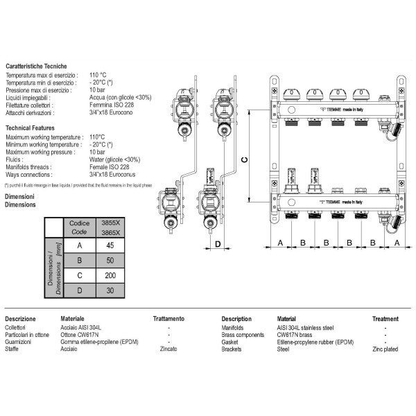 Коллекторная группа Tiemme 5 отводов 1"-3/4" НР ЕК с настроечными клапанами (нерж.ст)