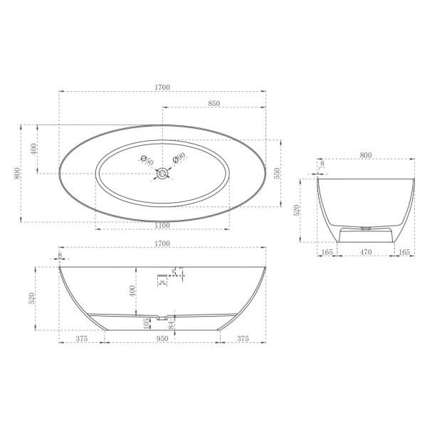 Ванна из искусственного камня Abber Stein 170x80 белая матовая (AS9625-1.7) Ванна из искусственного камня Abber Stein 170x80 белая матовая (AS9625-1.7)