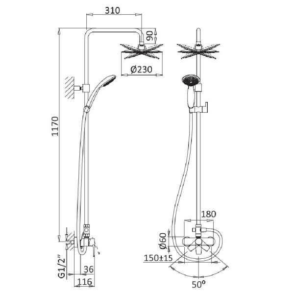 Душевая система Nautic со смесителем для верхнего и ручного душа, черный матовый (NAUTIC-CD-NOP)