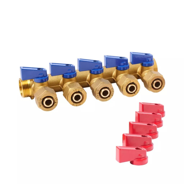 Коллектор 5 отв. с шар. клапанами 3/4*1/2"(16) с адаптерами Vieir (латунь, красн.+син. ручки) (VR705) Коллектор 5 отв. с шар. клапанами 3/4*1/2"(16) с адаптерами Vieir (латунь, красн.+син. ручки) (VR705)