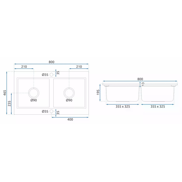 Мойка для кухни 2 чаши Rea caddy white гранит 80x46,5x19,5 белая (ZLE-00133)
