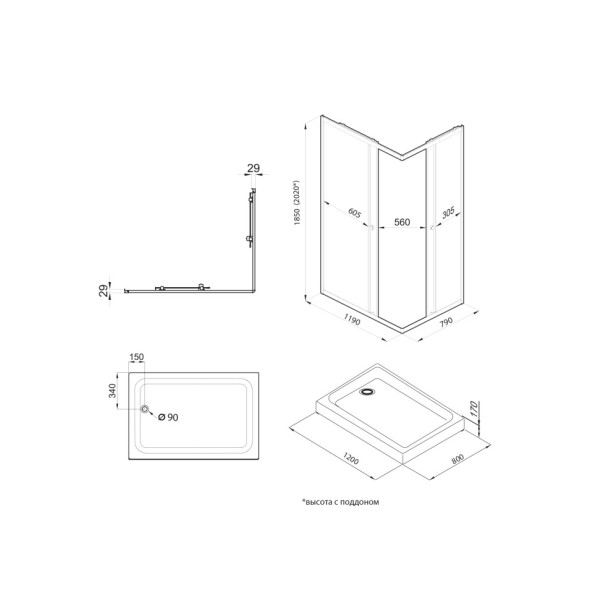 Душевой уголок Triton Вента-графит 120x80  стекло прозрачное, профиль графит (DK473)