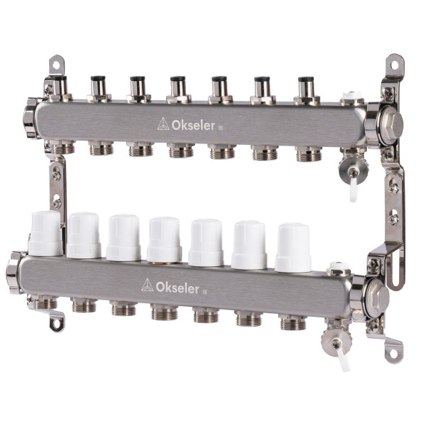 Коллекторная группа 7 отводов 1"*3/4"(18) ЕК с регулировочными клапанами Okseler (нерж.ст) с дренажным краном и краном Маевского (Oks00306)