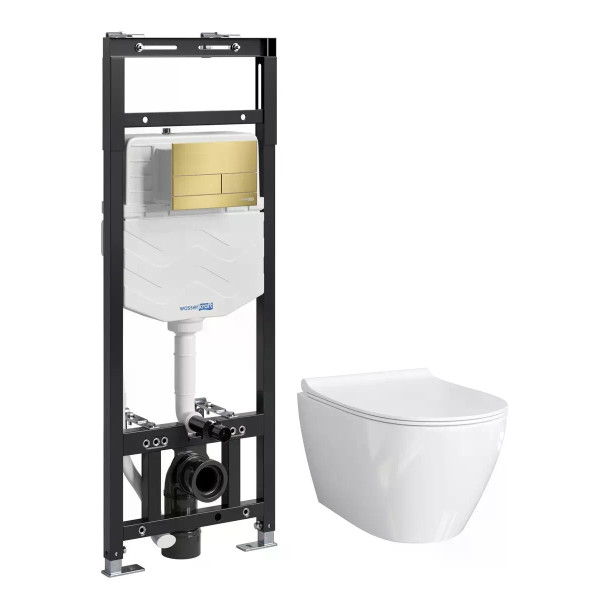 Комплект инсталляция с унитазом WasserKRAFT Alme с клавишей смыва золото матовое c сиденьем дюропласт (15TLT.010.ME.MG04.H002)