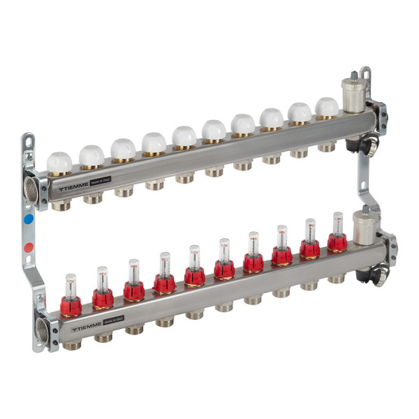 Коллекторная группа Tiemme 10 отводов 1"-3/4" НР ЕК M30х1,5 мм. с расходомерами (нерж.ст) (3920136)