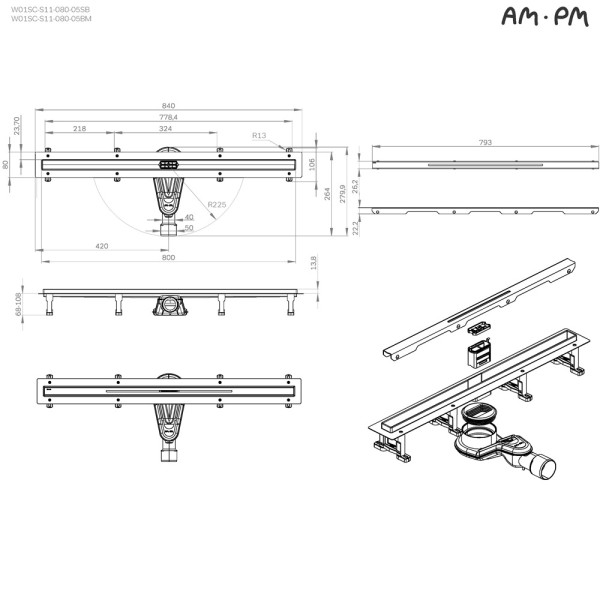 Трап для душа AM.PM MasterFlow линейный универс затвор Slim line 80 см сталь мат (W01SC-S11-080-05SB)