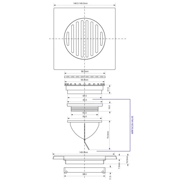 Трап вертикальный McAlpine 15x15 см, d=90-110 мм (сухой затвор) (MRFGC3SSV-110)