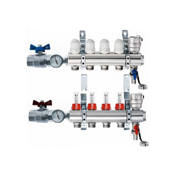 Коллекторная группа Euros 8 отводов 1"x3/4" с термостатическими вставками, расходомерами (EU.ST6081851 1x34x8_k)