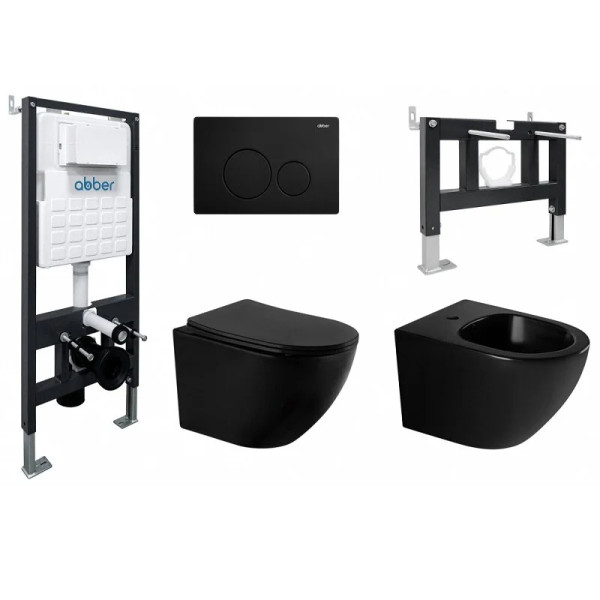 Комплект инсталляция с унитазом и биде Abber с клавишей черная матовый (AC1100MB-AC0105-AC0121MB-AC1150MB-AC0101P)