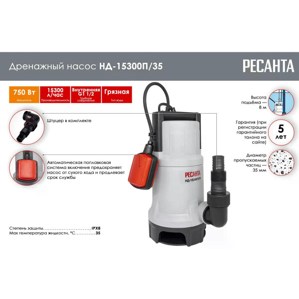 Насос дренажный Ресанта НД-15300П/35 (77/2/7) Насос дренажный Ресанта НД-15300П/35 (77/2/7)