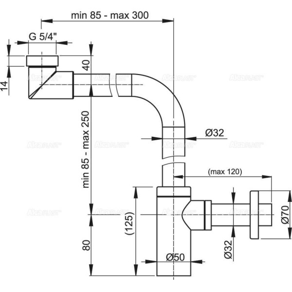 Сифон для раковины AlcaPlast 32 мм цельнометаллический (A403)