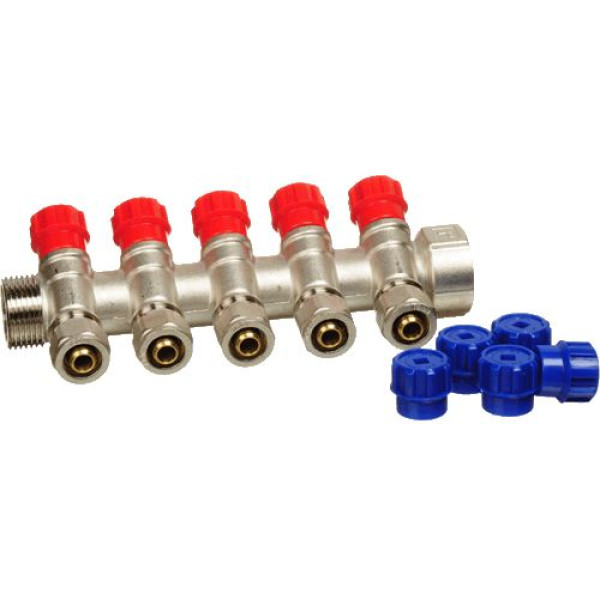 Коллектор 5 отв. регулируемый 1"*1/2(16) TeRma (никель, с переходниками) (14185)