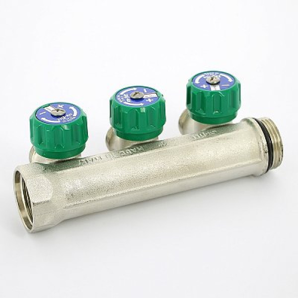 Коллектор Uni-Fitt НВ 3 отвода 1"х3/4" EK Н 50мм с выходами под 90 никелированный с вентилями