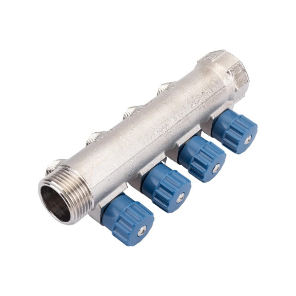 Коллектор 4 отв. регулируемый 1"*1/2"Н Valtec (никель, с комплектом ручек) (VTc.560.N.0604) Коллектор 4 отв. регулируемый 1"*1/2"Н Valtec (никель, с комплектом ручек) (VTc.560.N.0604)
