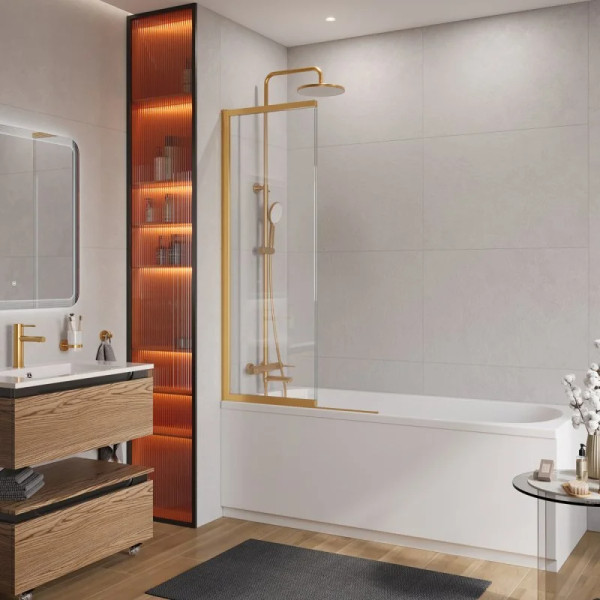 Душевая шторка для ванны Cezares Slider 90x7x150 стекло прозрачное, профиль брашированное золото (SLIDER-FIX-VF-11-90/150-C-BORO)