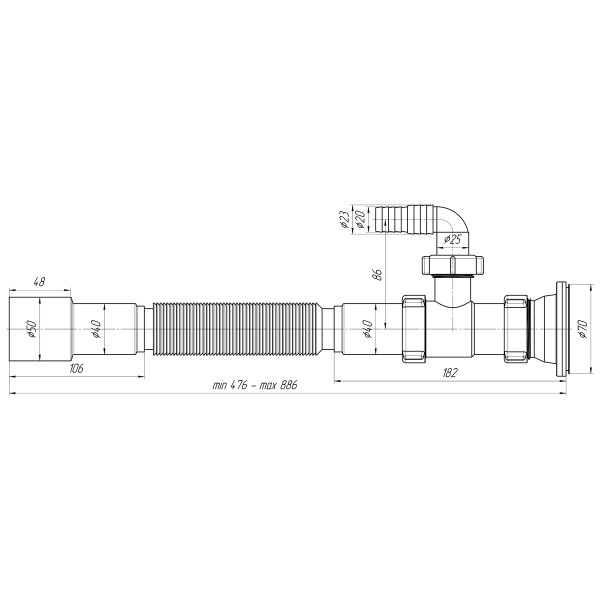 Сифон 40 мм. гофрированный с выпуском 1 1/2"(70 мм.)*40/50 АНИ с отводом для стиральной машины (476-886 мм.) АНИ пласт (G108)