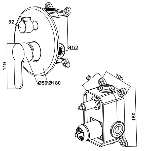Смеситель для душа встраиваемый Swedbe Platta подключение на 2 выхода в монтажном боксе хром (5518)