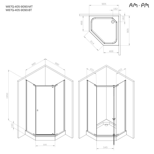 Душевой уголок AM.PM Sunny 88x88x195 стекло прозрачное, профиль черный матовый (W87G-405-9090-BT)