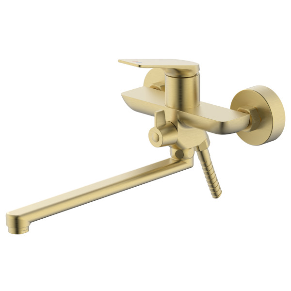 Смеситель для ванны Azario Lursy длинный излив с ручным душем шланг 150 см золото матовое (AZ-K1749MG)