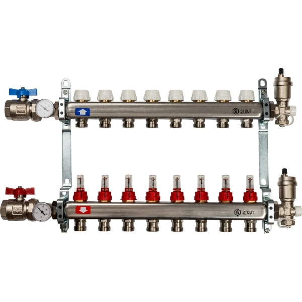 Коллекторная группа 8 отводов 1"x3/4"(18)EK в сборе с расходомерами Stout (нерж.сталь) (SMS-0907-000008)