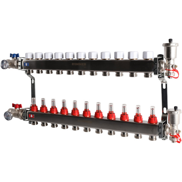 Коллекторная группа Rommer 11 отводов 1"x3/4" в сборе с расходомерами (нерж.сталь) (RMS-1210-000011)