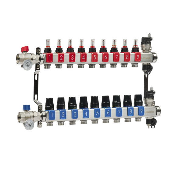 Коллекторная группа 9 отводов 1"*3/4"(18) ЕК с расходомерами Okseler (нерж.ст) с автоматическими воздухоотводчикоми и шаровыми кранами с термометрами
