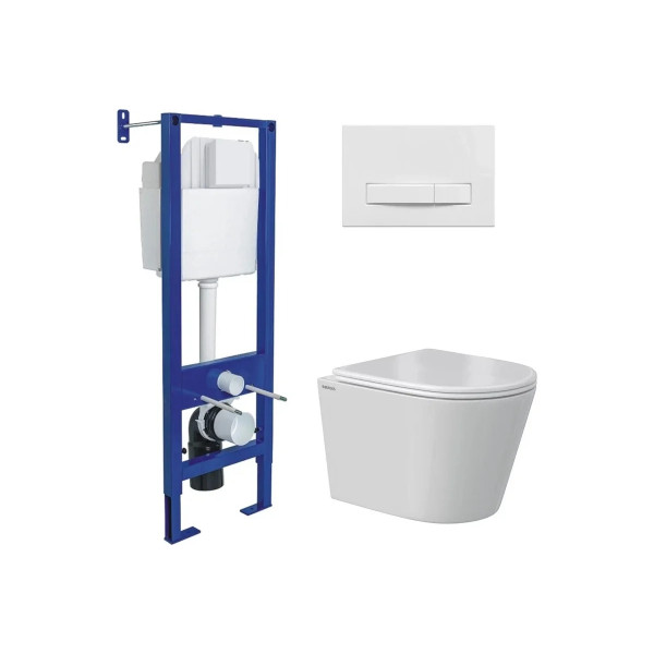 Комплект инсталляция с унитазом Berges Atom Line кнопка белая, унитаз Vita Rimless 49 см, сиденье с soft-close (043383)