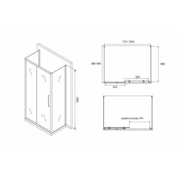 Душевой уголок Abber Schwarzer Diamant 90x180 стекло прозрачное, профиль черный (AG30180BH-S90B-S90B) Душевой уголок Abber Schwarzer Diamant 90x180 стекло прозрачное, профиль черный (AG30180BH-S90B-S90B)