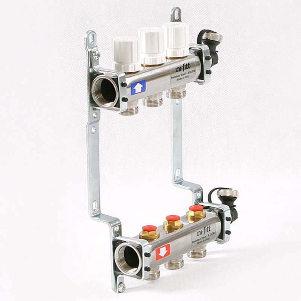 Коллекторная группа Uni-Fitt 3 отвода 1"х3/4" с балансировочными и термостатическими вентилями нерж. сталь