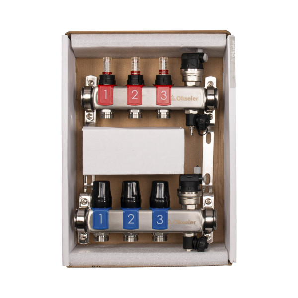 Коллекторная группа 3 отвода 1"*3/4"(18) ЕК с расходомерами Okseler (нерж.ст) с автоматическими воздухоотводчикоми и шаровыми кранами с термометрами (