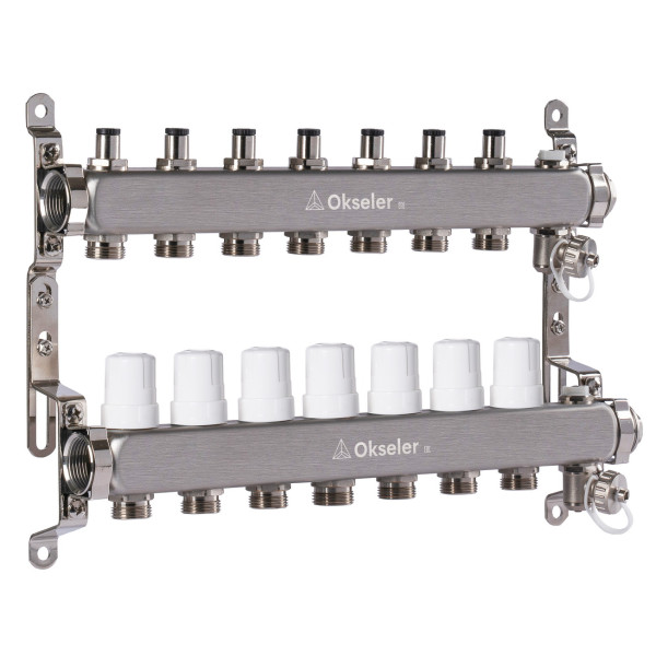 Коллекторная группа 7 отводов 1"*3/4"(18) ЕК с регулировочными клапанами Okseler (нерж.ст) с дренажным краном и краном Маевского (Oks00306)
