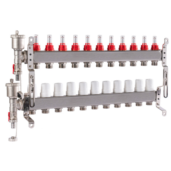Коллекторная группа 11 отводов 1"*3/4"(18) ЕК с расходомерами Okseler (нерж.ст) с автоматическим воздухоотводчиком и спускным краном (Oks00349)