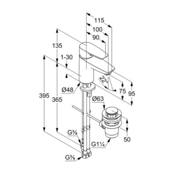 Смеситель для раковины Kludi Pure&Solid хром, донный клапан (342760575)