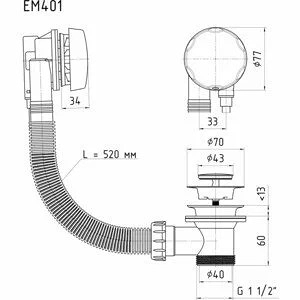 Обвязка для ванны АНИ полуавтомат 580 мм. (без сифона, ручка пласт. хром) АНИ пласт (EM401)