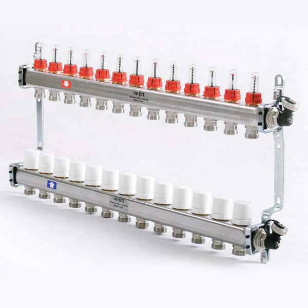 Коллекторная группа Uni-Fitt 13 отводов 1"х3/4" с расходомерами и термостатическими вентилями нерж. сталь