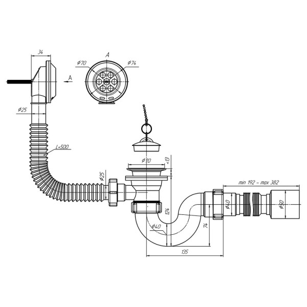 Обвязка для ванны АНИ с выпуском 1 1/2"*40 трубный сифон, с гибкой трубой 375*40/50 АНИ пласт (E155)