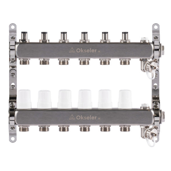 Коллекторная группа 6 отводов 1"*3/4"(18) ЕК с регулировочными клапанами Okseler (нерж.ст) с дренажным краном и краном Маевского (Oks00305)