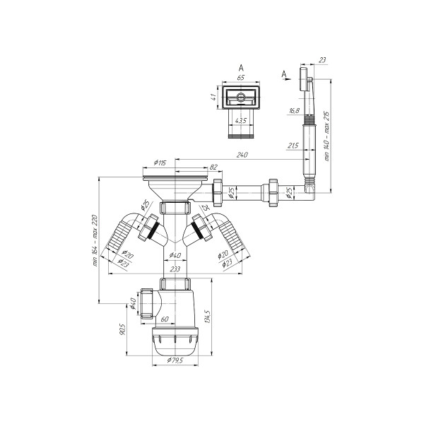Сифон 40 мм. бутылочный АНИ "Грот" с выпуском 3 1/2"*115 мм. с 2-мя отводами для стир.машины и жестким прямоугольным переливом АНИ пласт (A0146) Сифон 40 мм. бутылочный АНИ "Грот" с выпуском 3 1/2"*115 мм. с 2-мя отводами для стир.машины и жестким прямоугольным переливом АНИ пласт (A0146)