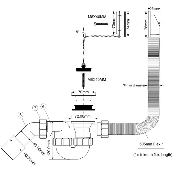 Обвязка для ванны McAlpine 1 1/2"x40/50 мм с переливом L368 D34 мм с пробкой, цепочкой хром (MRB1) Обвязка для ванны McAlpine 1 1/2"x40/50 мм с переливом L368 D34 мм с пробкой, цепочкой хром (MRB1)