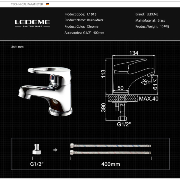 Смеситель для раковины Ledeme хром (L1013)