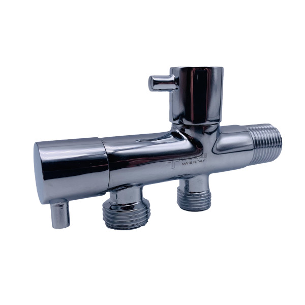 Кран угловой двойной Tiemme 1/2"x1/2"x3/8" НН хром, с чашкой (2950178)