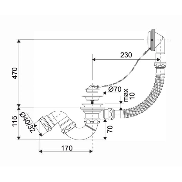Сифон для ванны Indrospania S тип перелив 1/2"x40 мм (660455)