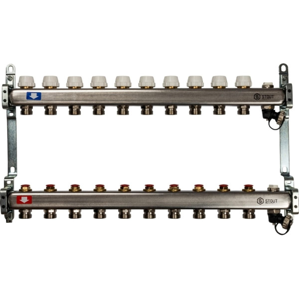 Коллекторная группа 10 отводов 1"x3/4"(18)EK без расходомеров, с клапаном вып. воздуха и сливом Stout (нерж.сталь) (SMS-0932-000010) Коллекторная группа 10 отводов 1"x3/4"(18)EK без расходомеров, с клапаном вып. воздуха и сливом Stout (нерж.сталь) (SMS-0932-000010)