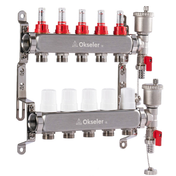 Коллекторная группа 5 отводов 1"*3/4"(18) ЕК с расходомерами Okseler (нерж.ст) с автоматическим воздухоотводчиком и спускным краном (Oks00343)