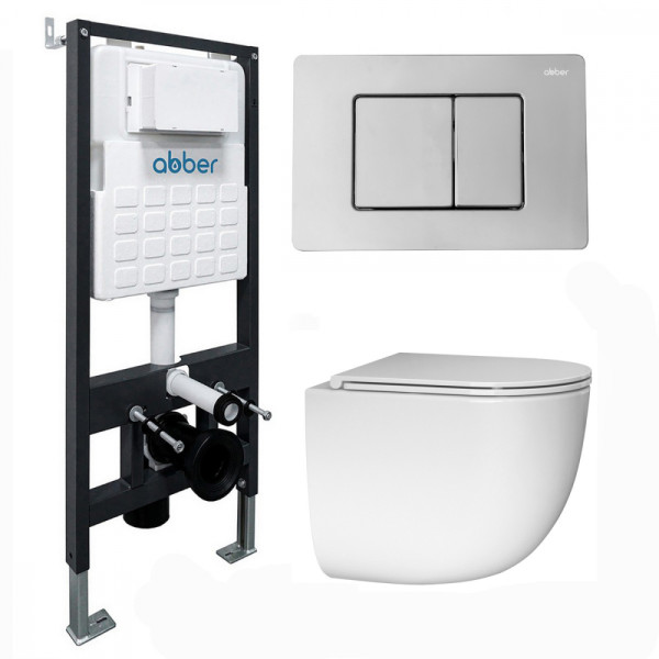 Комплект подвесной унитаз Abber Bequem AC1132TC белый, с закрытым дном с инсталляцией AC0105 и кнопкой AC0120 хром глянцевый (AC1132TC-AC0105-AC0120)