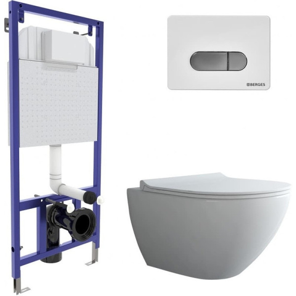 Комплект инсталляция с унитазом Berges Novum c с кнопкой D7 белая/кнопка хром, унитаз PUMA Rimless, сиденье Toma Slim SO (043270)