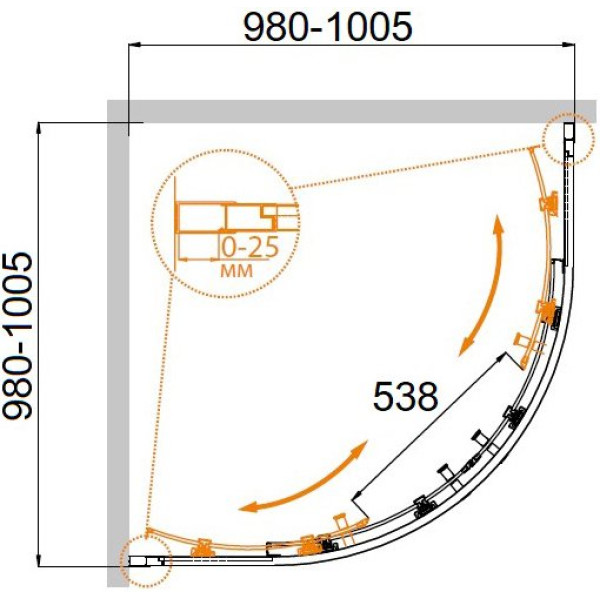 Душевой уголок Cezares Molveno 100x100x195 стекло прозрачное, профиль оружейная сталь (MOLVENO-R-2-100-C-GM-IV)