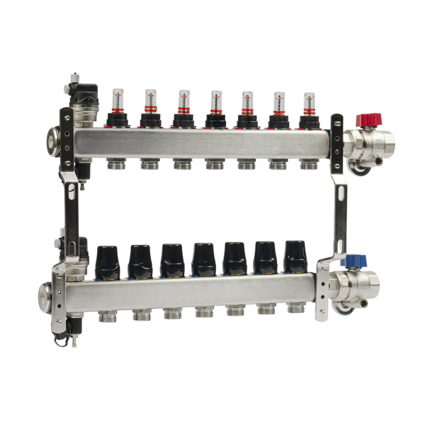Коллекторная группа 7 отводов 1"*3/4"(18) ЕК с расходомерами Okseler (нерж.ст) с автоматическими воздухоотводчикоми и шаровыми кранами с термометрами