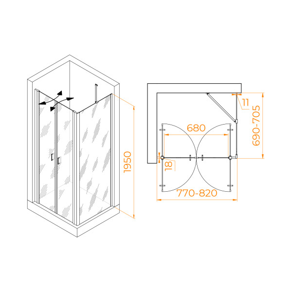Душевой уголок RGW PA-144 (PA-104+Z-050-2+O-204) 800x700 стекло прозрачное, профиль хром (060814487-11)