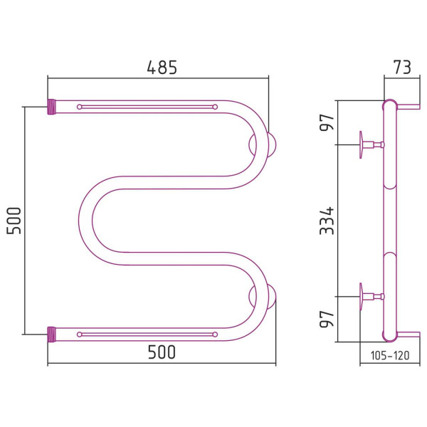Полотенцесушитель водяной Стилье М-образный 2 полки 500х500 резьба-сгон 1 хром (00014-5050)